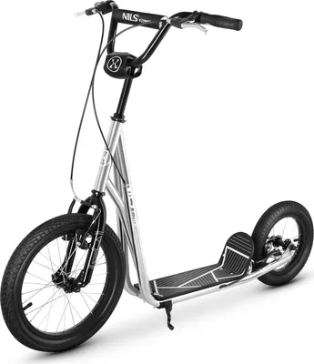 A silver and black scooter with large pneumatic tires, presented against a white background.