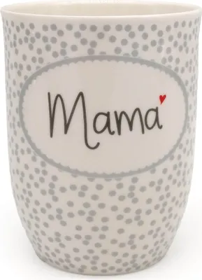 Produktbild von Henkelbecher 500 ml mit Schriftzug MAMA aus Porzellan in weiß mit grauen Punkten