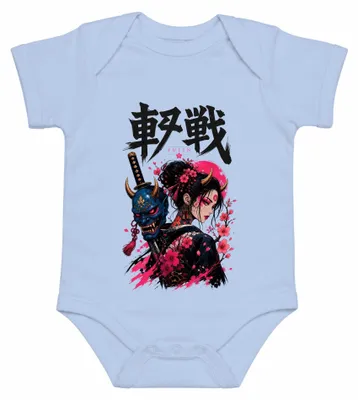 Imagen del producto de YUJIN, máscara de geisha japonesa, katana, flor de cerezo, Japón, estilo Y2K, body de bebé, color azul claro, talla 12/18