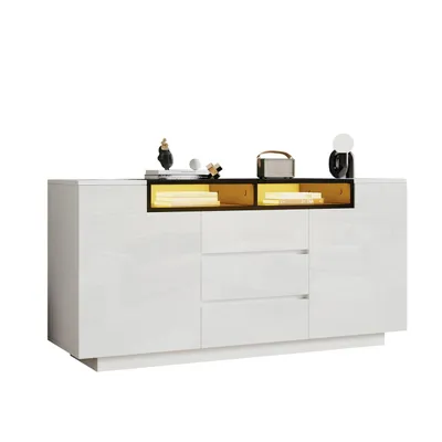 Produktbild von Sideboard mit 2 L-förmigen Türen,Wohnzimmerschrank mit verstellbaren Trennwänden und LED-Leuchten,Hochglanzschrank mit 3 Schubladen,Kommode