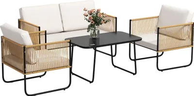 Image de Outsunny Salon de jardin extšŠrieur 4 personnes, salon de balcon en ršŠsine tressšŠe avec canapšŠ 2 places, fauteuils et table basse en verre trempšŠ, coussins dšŠhoussables inclus, crššme