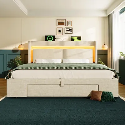Obrázok produktu pre Postel s čalúneným rámom, 160x200 cm, s hydraulickým úložným priestorom, úložný priestor v čelnej časti, LED osvetlenie, USB a USB-C porty, drevené lamely, posteľná bielizeň (bez matraca).