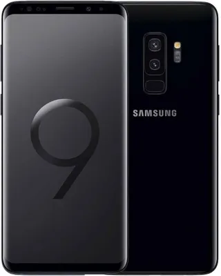 A black Samsung Galaxy S9 Plus smartphone is shown from the front and back.