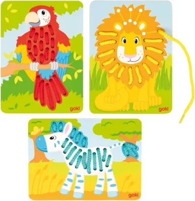 Produktbild von goki 58686 Fädelspiel Papagei, Löwe, Zebra 12 x 16,5 cm, Holz, 3 Teile, 6 Schnüre, bunt (1 Set)