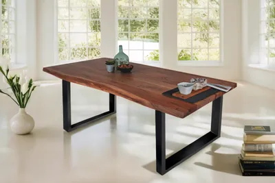 Produktbild von Esstisch 220 x 100 cm Tomaso, Baumkantentisch nussbaumfarben, Akazienholz massiv, U-Gestell aus Metall Schwarz, echte Baumkante