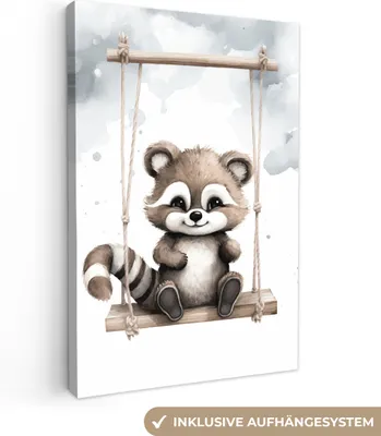 Produktbild von MuchoWow® - Leinwandbilder - Waschbär - Tier - Kinder, Wandbild, Wanddeko Bilder Wohnzimmer, 80x120 cm