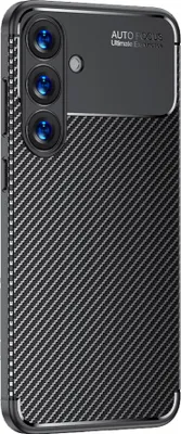 A close-up view of the back of a smartphone case with a carbon fiber texture.