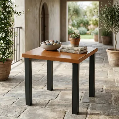 Produktbild von Tribesigns Beistelltisch Outdoor, wetterfester Balkontisch Gartentisch mit Tischplatte in Holzoptik und stabilen schwarzen Metallbeinen für Terrasse