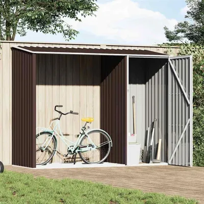 A bicycle and garden tools are stored in a brown metal shed.