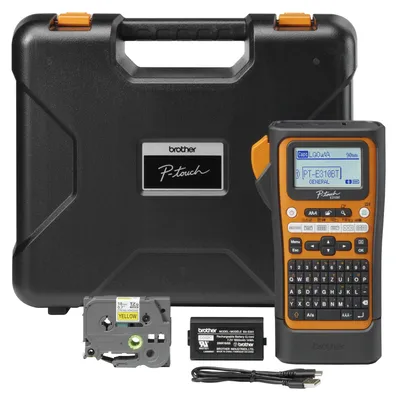 A Brother P-Touch PT-E310BTVP label maker kit is displayed, including the label maker, a carrying case, a label tape cartridge, a battery pack, and a USB cable.