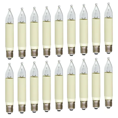 A collection of small, candle-shaped light bulbs arranged in rows against a white background.