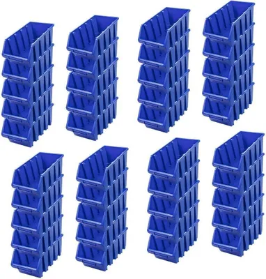 A collection of blue storage bins stacked in columns against a white background.