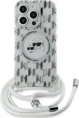 A transparent iPhone case with a Karl Lagerfeld monogram pattern and a Karl & Choupette Head graphic, attached to a white crossbody strap.