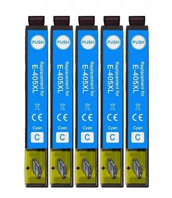 Five cyan ink cartridges are lined up against a white background.