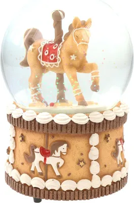 Produktbild von Schneekugel/Spieluhr Ø100mm mit drehendem Lebkuchenpferd auf Lebkuchensockel zum Aufziehen mit weihnachtlicher Musik H:15cm