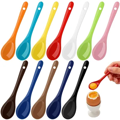 Image de Cuillères à œufs en porcelaine - Coffret de 12 pièces dans différentes couleurs - Petites cuillères pour les œufs au petit-déjeuner