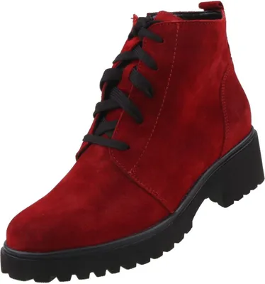A red suede boot with black laces and a black sole is shown against a white background.