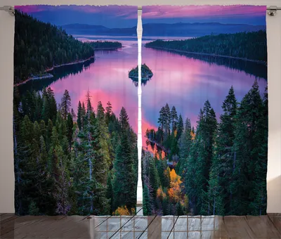Produktbild von ABAKUHAUS Natur Rustikaler Gardine, Wald- und Seeblick, Schlafzimmer Kräuselband Vorhang mit Schlaufen und Haken, 280 x 260 cm, Grünes Rosa