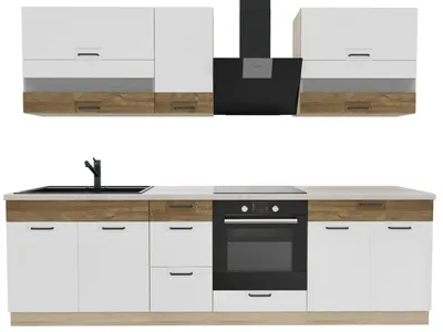 Productafbeelding van Keukenopstelling 270 cm - FAVORIT A - Wit hoogglans en Sonoma eikenhout - Met werkblad van travertin - Inbouwkeuken met metalen lades - Keuken voor eenpersoonsgebruik