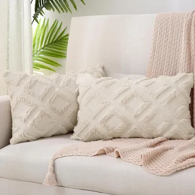 Produktbild von 2er Set Boho Kissenbezug 30x50 cm Beige Flauschig Zierkissen Polyester