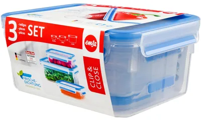 Obrázek produktu pro Emsa Clip & Close sada 3 nádob na potraviny, 0,55 / 1,0 / 2,3 l, 508566, barva: modrá