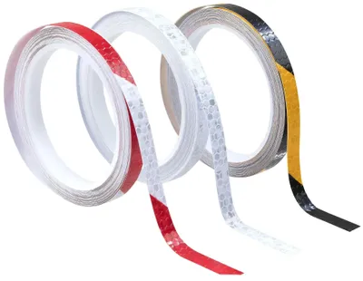 Zdjęcie produktu dla Zestaw 3 odblaskowych taśm samoprzylepnych 8 m długości x 1 cm szerokości - kolory żółto-czarny, czerwono-biały, biały