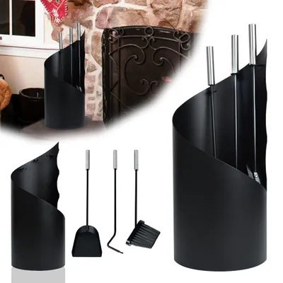 Produktbild von YARDIN 4‑teiliges Kaminbesteck, Gestell mit halbrunder Frontplatte und aschenauffangender Bodenplatte, Kaminschaufel Aschebesen Schürhaken für Kamin, Schwarz