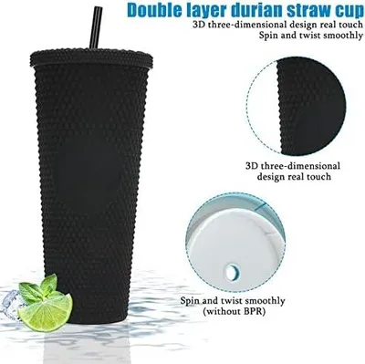Produktbild von Nieten Becher mit Deckel und Strohhalm,710ml Strohbecher Doppelwandige Kaltbecher Wiederverwendbar Plastik Trinkbecher für Saft Kaffee Home Office Wiederverwendbar(Schwarz)