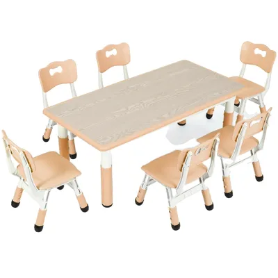Produktbild von Verstellbarer Kindertisch und 6 Stühle Set, strapazierfähiges Kunststoffholz, modernes Design, 47/lili2 (L) * 23/lili6 (B) * 18/lili9 / 23/lili6 (H)/li/ul/div