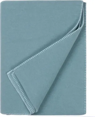 A folded teal fleece blanket with white stitching.