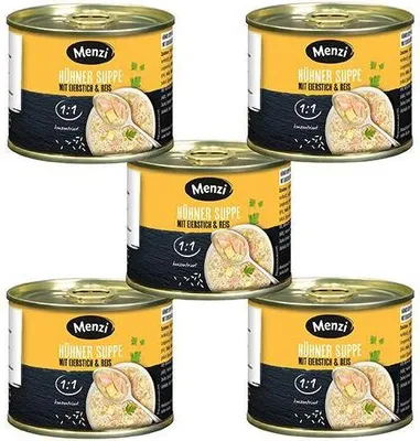 Produktbild von Menzi Hühner Suppe mit Eierstich & Reis konzentriert 1000 Ml Dosen  Mit extra viel Fleischeinlage Konzentriert - in der praktischen 5er Stange = 5 Dosen à 200 ml Glutenfrei
