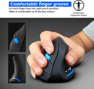 A hand holding a vertical mouse, with close-up insets of the mouse's design.