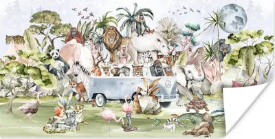 Produktbild von MuchoWow® Poster Dschungel - Bus - Tiere - Kinder - Pflanzen 80x40 cm - Wanddeko