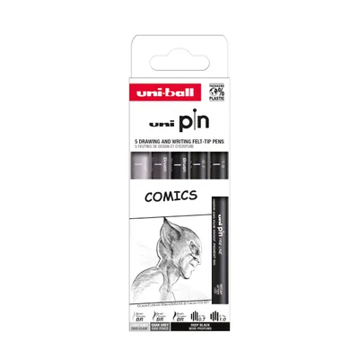 Produktbild von Uni-ball uni pin comics pack de 5 kalibrierte Marker 0,7, 1,0 und Pinsel - Polyacetalspitze - wasserfeste pigmentierte Tinte und light - Farben schwarz und grau
