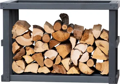 A firewood rack filled with logs, presented against a white background.