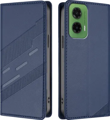A blue flip case for a smartphone is shown from two angles.