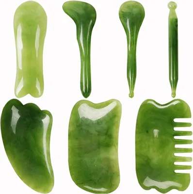 Produktbild von Gua Sha Massage Set 7 Stück, Naturharz Massagegeräte für Gesicht und Körper, Schabe-Stein für Nacken und Rücken, vielseitige Formen zur Linderung von Verspannungen und Förderung der Durchblutung
