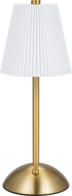 A modern, cordless LED table lamp with a pleated white lampshade and a gold-toned base and stem.