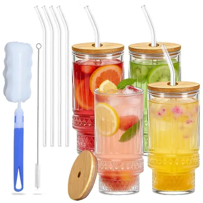 Longdrinkgläser 4er-Set mit Strohhalm, 320 ml, geriffelt