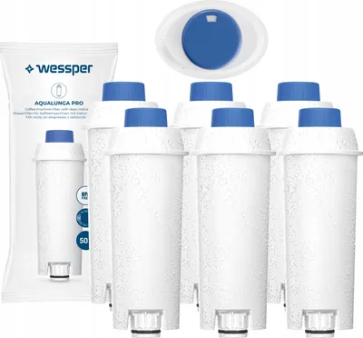 A set of water filters for coffee machines, including packaging and multiple filters.