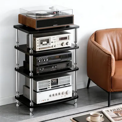 Produktbild von 4-Stöckiges HiFi Regal, Massivholz-Audio-Rack, Abstand Verstellbar Phonoschrank Verstärker-Rack Lautsprecherständer Plattenspielerständer, 60×52×83 cm