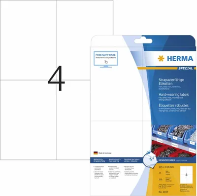 Immagine prodotto di HERMA Special - opaco - autoadesivo - bianco - A6 (105 x 148 mm) 100 etichette (25 fogli x 4) etichette in pellicola