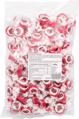 Produktbild von Herzbonbons zu Hochzeit Taufe Kommunion 500g rot weiß - handgewickelte Rocks-Bonbons mit rotem Herz - Sorte Erdbeere - Tischdeko Nascherei Gastgeschenk