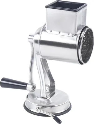Zdjęcie produktu dla Obrotowa krajalnica do warzyw – ręczna tarka bębnowa – 5 ostrzy bębnowych ze stali nierdzewnej – przyssawka 10,1 cm – 430 stal nierdzewna + ABS + TPR – wysokość 22,4 cm – srebrna
