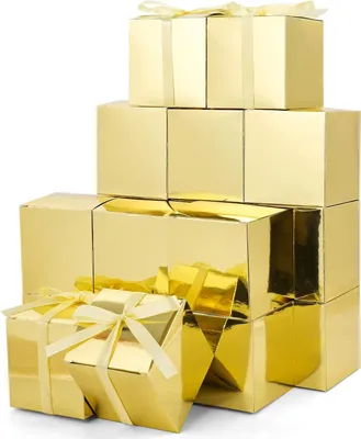 Produktbild von 50 Mini-Geschenkboxen mit Schleifen, 7,6 x 7,6 x 7,6 cm große, kleine Karton-Geschenkboxen für Hochzeiten, Geburtstage, Gold