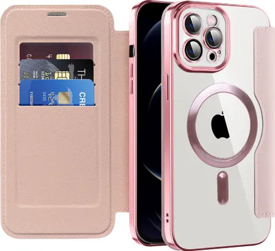 Obrázek produktu pro Pouzdro pro iPhone 12 Pro kompatibilní s MagSafe, průhledné pouzdro s držákem karet, kožené pouzdro s ochranou kamery Růžový