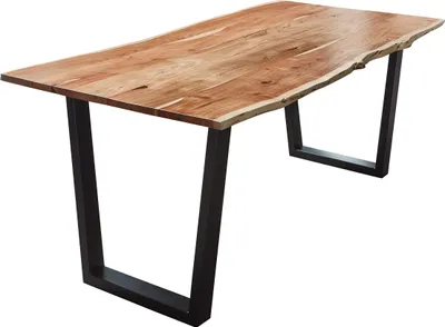 Produktbild von Esszimmertisch 160x85cm Quila, echte Baumkante, Akazienholz naturfarben, massiver Baumkantentisch mit V-Gestell Mattschwarz