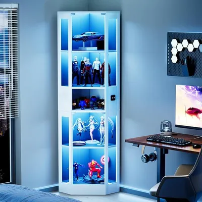 Obrázek produktu pro Skleněná vitrína s LED osvětlením, stojací vitrínová skříň s 5 policemi, skleněnými dvířky a pohybovým senzorem, výloha do obývacího pokoje nebo kanceláře, rozměry 57 x 40 x 165 cm, bílá barva