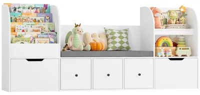 Produktbild von Spielzeugregal Kinder - 4-stöckiges Bücherregal mit Sitzbank - Schubladen auf Rollen und Stoffboxen - Für Kinderzimmer Spielzimmer - 180,5x35x80 cm - Weiß