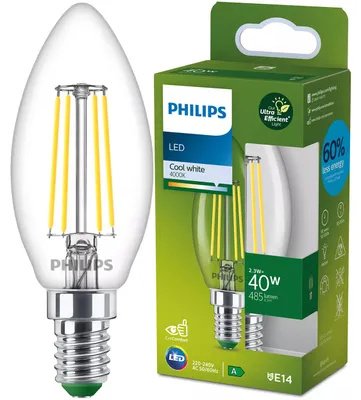Produktbild von Philips Filament-Kerzenlampe, B35 E14, klar, 40 W, 2,3 W, 40 W, E14, 485 lm, 50000 h